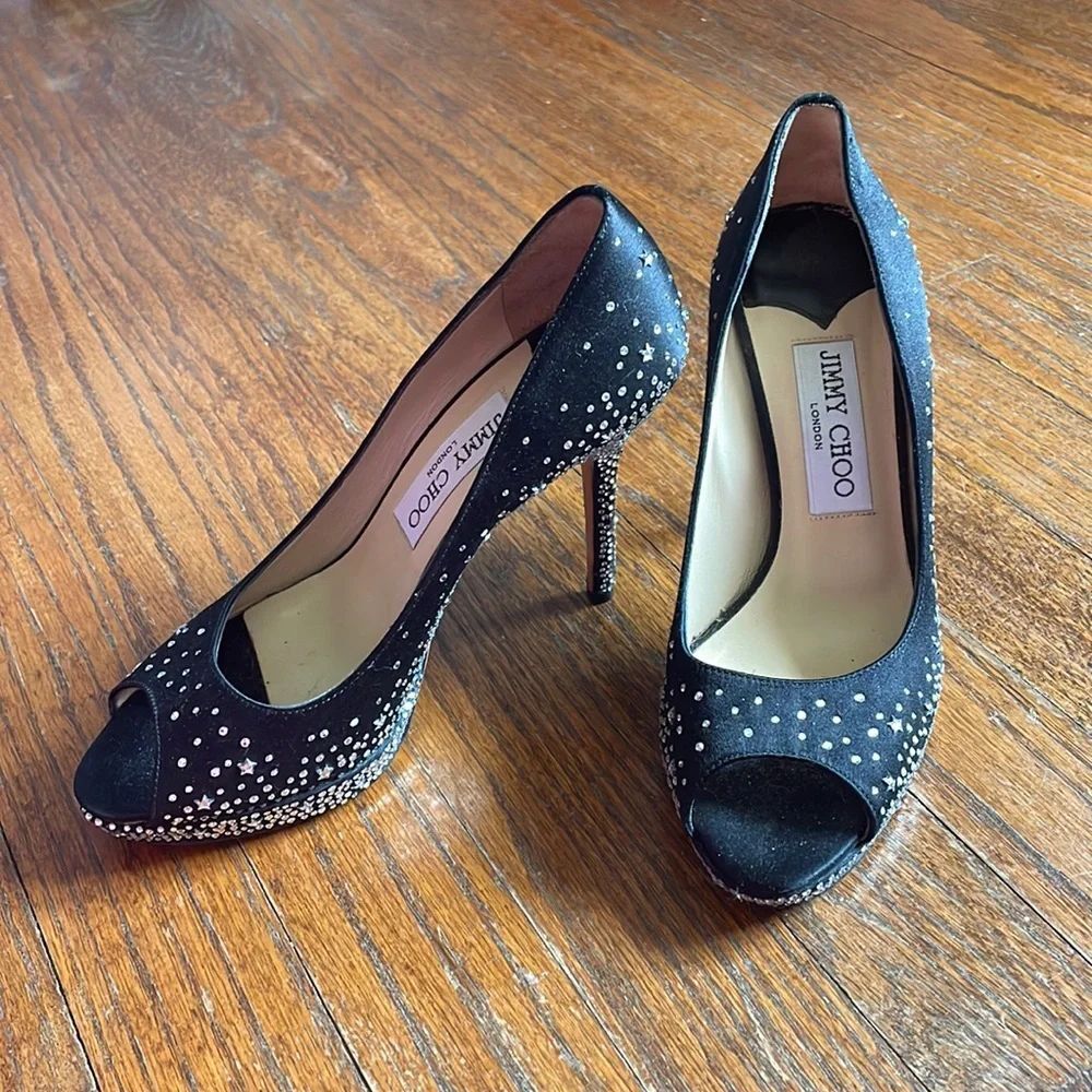 Jimmy Choo THE DALI Swarovski Crystal Black Satin Platform Peep-Toe Pumps